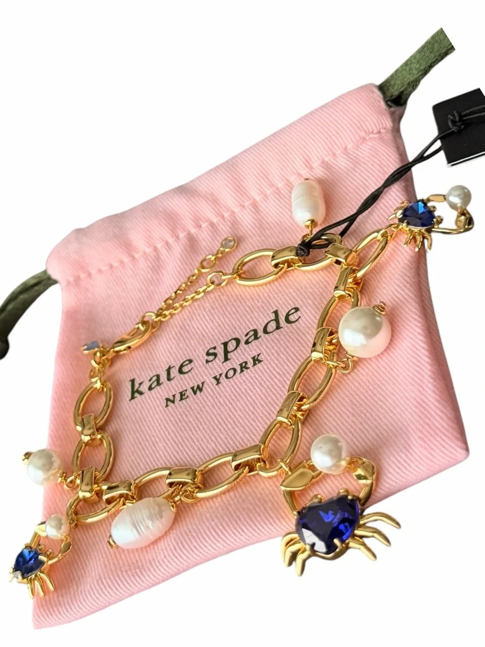 kate spade Gold “Claws Out” Sapphire Blue Cubic Zirconia Crab Charm Bracelet 🦀